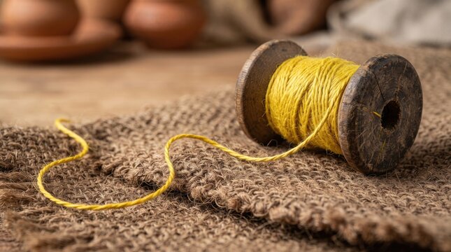Yellow Twine Spool on Rustic Burlap Fabric, Vintage Wooden Bobbin with Natural Cord for Crafting and DIY Projects