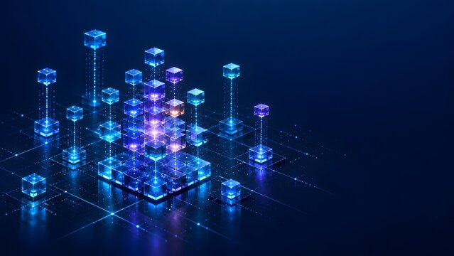 Abstract Quantum Computing and Blockchain Technology Concept with Glowing Blue Cubes on a Dark Digital Grid Background Representing Big Data Visualization and Artificial Intelligence Neural Network