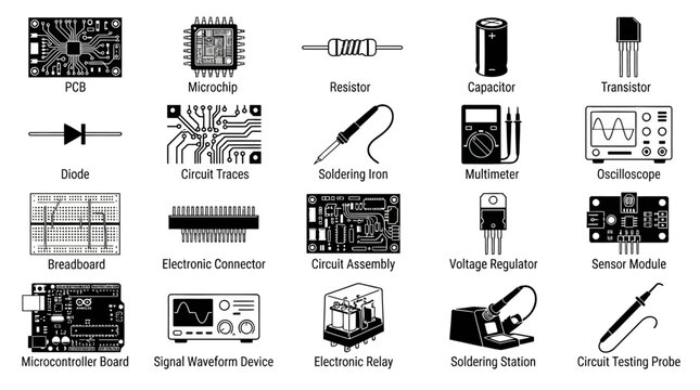 Electronic components, circuit board parts, and engineering tool icons.