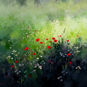 Misty Meadow with Red Poppies