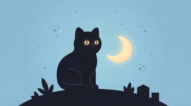 Charming black cat sitting beneath a glowing crescent moon in a peaceful night scene with stars and a simple dark landscape silhouette.