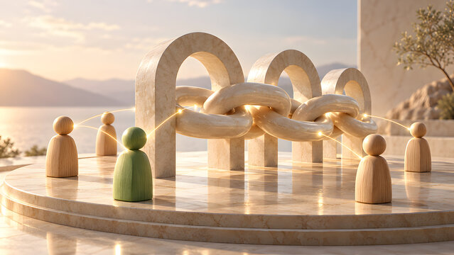 Interconnected business network and team communication concept with glowing lines linking members on strong architectural foundation