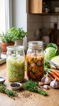 Homemade fermented vegetables in glass jars with fresh ingredients