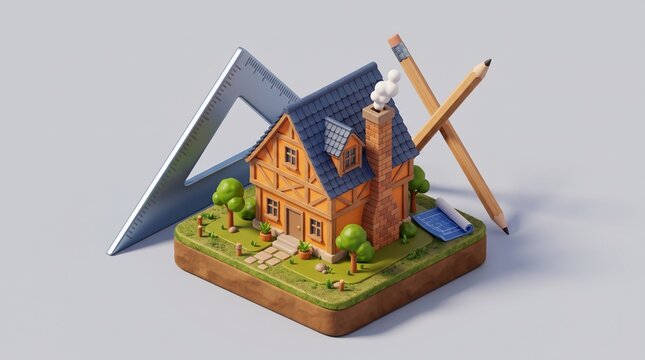 3D isometric icon of an architect studio building design project with house model, triangle ruler, pencils, and blueprint blueprint on small green plot, generative  Ai
