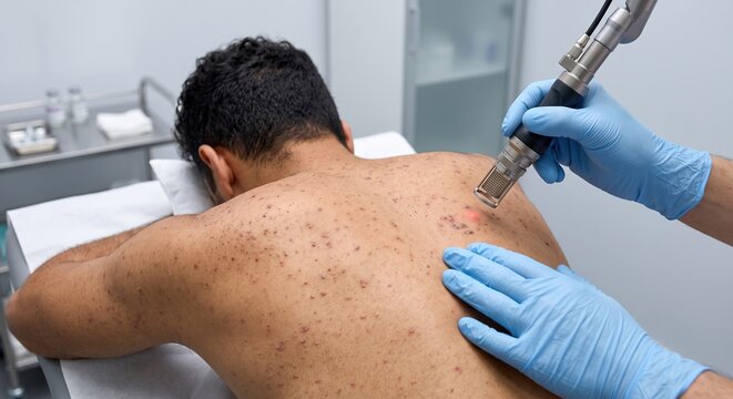 Male patient receiving dermatological laser treatment for back acne scars and hyperpigmentation in a clinic