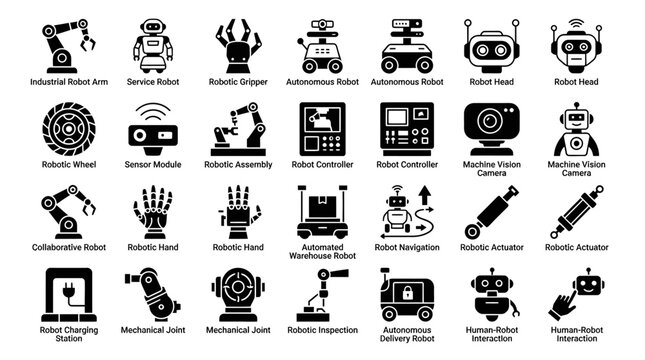 Collection of industrial robotics and automation technology flat icons