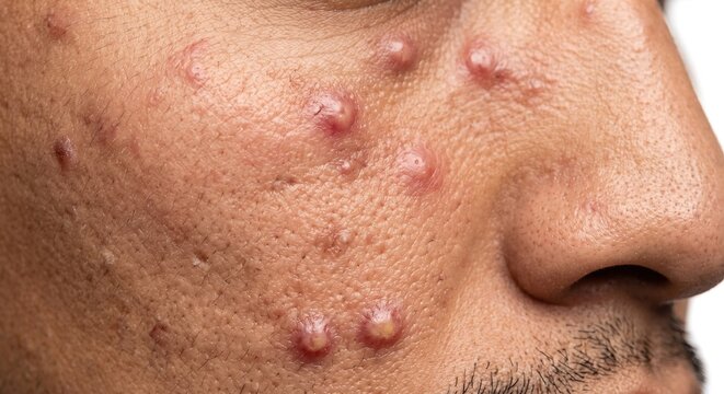 Extreme close-up of severe cystic acne, pimples, and whiteheads on a person's cheek