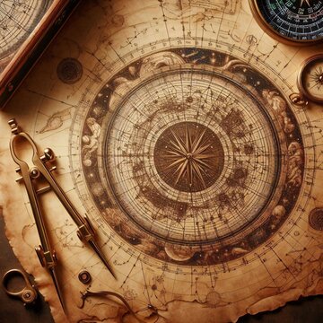 A beautiful, scientific shot of a star chart or celestial map, with intricate constellations and astronomical symbols, on aged parchment, Ai generated image