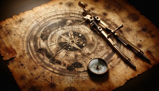 A beautiful, scientific shot of a star chart or celestial map, with intricate constellations and astronomical symbols, on aged parchment, Ai generated image