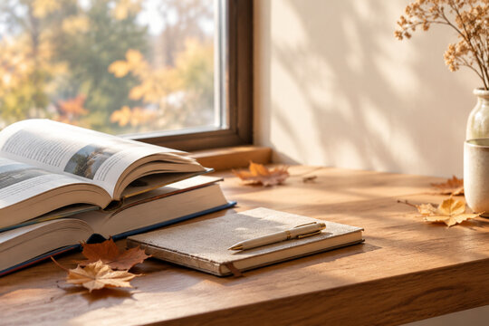 Open textbooks and notebook on window ledge with autumn leaves, fall semester campus study concept