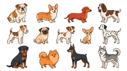 Fototapeta premium A charming and diverse collection of popular dog breeds depicted in a vibrant cartoon style, showcasing various beloved canines for pet-themed designs and children's projects