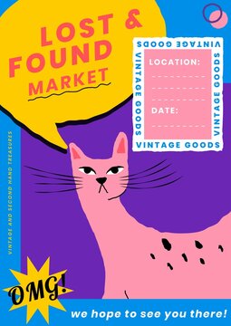 Lost & found market poster template cat illustration