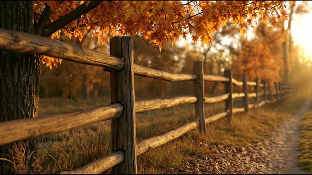 Sunlight shines through trees on a path lined with a wooden fence. Leaves show autumn colors, creating a warm atmosphere.
