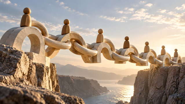 Team collaboration and overcoming obstacles concept with figures traversing massive stone chain bridge across wide canyon