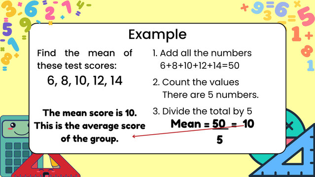 Educational math worksheet explaining average mean calculation, elementary mathematics lesson slide, school learning slide
