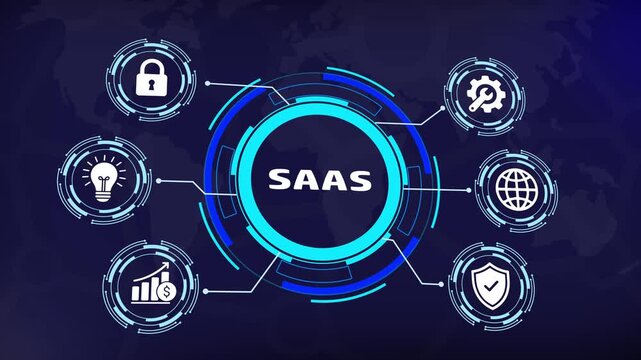 Dynamic saas software as a service concept animation featuring futuristic digital hud interface with rotating circular infographic global connectivity and business growth metrics
