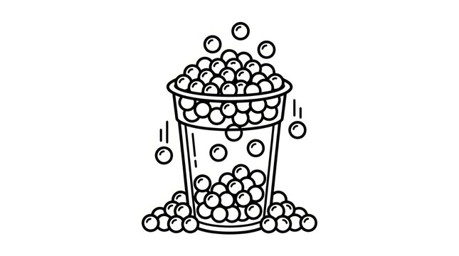 Hand-drawn illustration of a clear plastic cup overflowing with tapioca pearls, symbolizing bubble tea ingredients and a popular beverage concept.