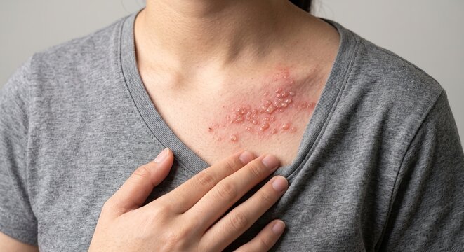 Unrecognizable woman touching her chest suffering from a painful shingles blister rash, herpes zoster virus infection