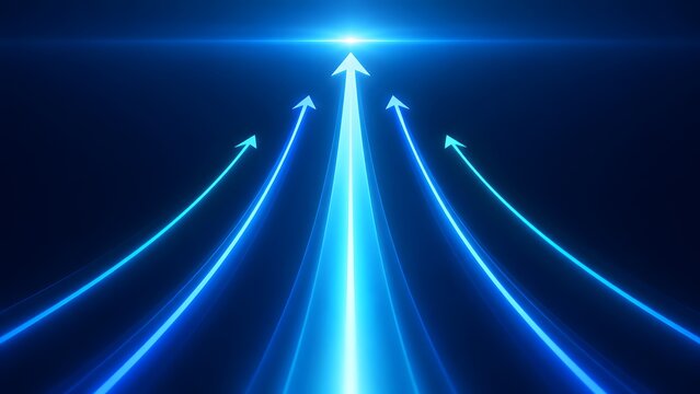 Abstract business growth concept with glowing blue arrows pointing upwards towards light representing financial success, corporate leadership, and technological progress in the digital era