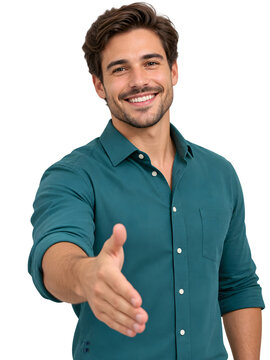 Handsome smiling businessman offering handshake, confident young man reaching out hand for agreement, friendly corporate professional greeting gesture isolated PNG with Transparent Background