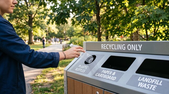 Person recycling plastic bottle into outdoor public waste container in park