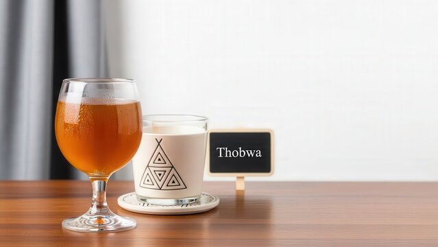 Chilled Amber Thobwa Fermented Maize Drink in Stemware with Coaster and Chalkboard Sign