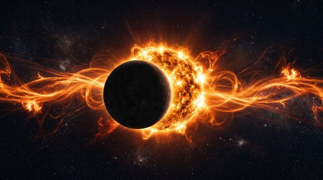 Solar eclipse featuring a dark celestial sphere passing in front of a glowing star with bright orange plasma waves and fiery solar flares in deep space