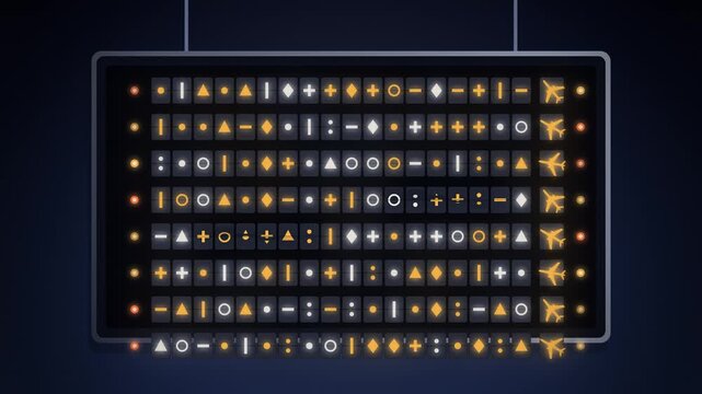 Airport departure board with amber split flap tiles flipping