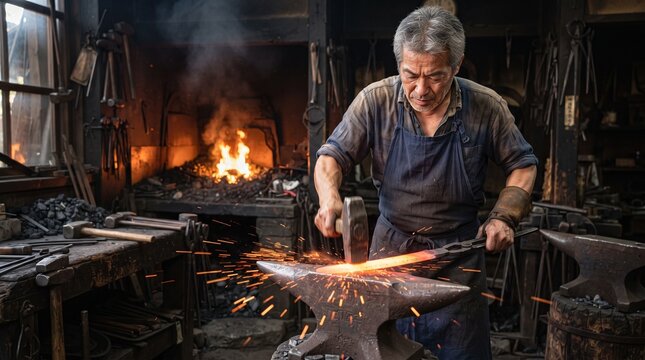 Senior Japanese blacksmith forging glowing hot metal on anvil