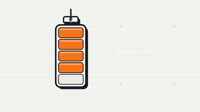 Vertical flat battery icon draining through five stacked capsule bars, wobbling at empty state, and snapping into a top charging connector on a lined background.
