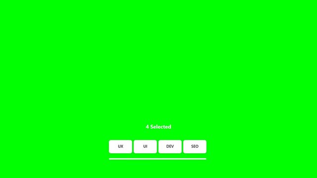 Animated UI selection buttons on green screen background featuring multi-step form progress with categories for UX UI DEV and SEO for web and mobile application design concepts