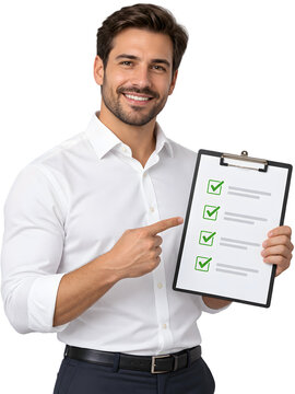 Smiling businessman holding checklist clipboard, confident manager pointing to checkmarks, successful professional presenting completed task list isolated PNG with Transparent Background