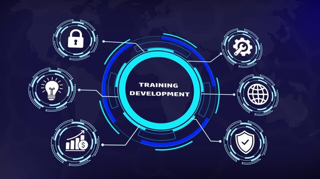 Training development concept with animated digital hud interface, global business growth cybersecurity shields, and innovative strategy infographics for corporate learning presentations