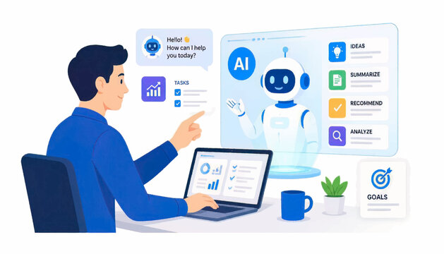 Modern AI assistant illustration showing human interaction with artificial intelligence technology, digital automation, smart workflow, productivity tools, and future business solutions.