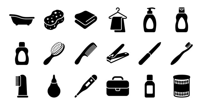 Baby bath and hygiene items collection with shampoo soap brush and grooming tools for newborn daily grooming routine icons.