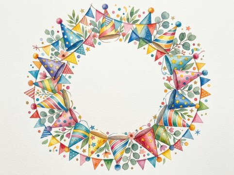 Party hats and festive bunting form a circular watercolor frame with empty copy space in the center.