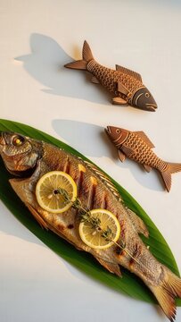 Traditional Grilled Chambo Fish on Banana Leaf with Hand-Carved Ornaments