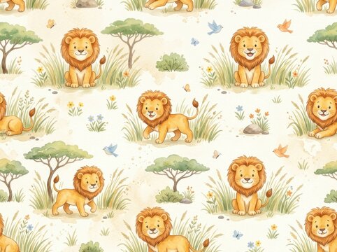 Lions in a savanna setting with acacia trees are featured in a seamless watercolor pattern for kids.