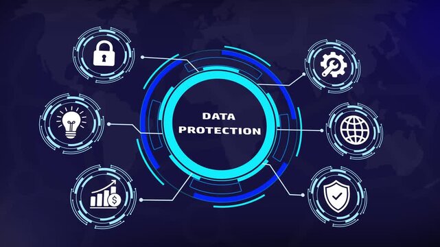 Advanced data protection and cybersecurity digital interface concept featuring animated infographic global network security and futuristic hud technology for corporate it infrastructure solutions