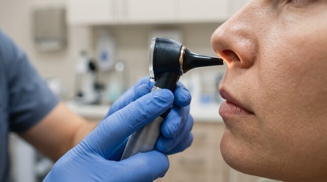 Doctor performing a nasal examination on a patient using an otoscope in a medical clinic.