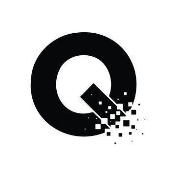 The letter Q visually shattering or dissolving into small square pixels representing digital technology data processing tech companies and modern digital art