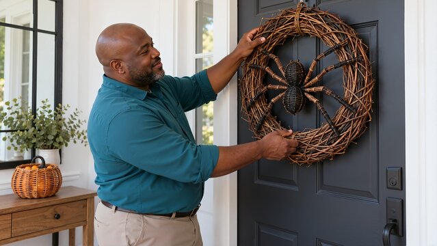 Man hanging woven wicker spider wreath on front door. Decorating entryway porch for Halloween holiday and fall season