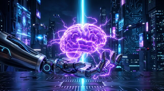 Robotic hand holding a glowing purple human brain with electrical