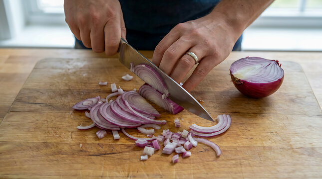 A close-up view of a woman thinly slicing an onion on a wooden cutting board.