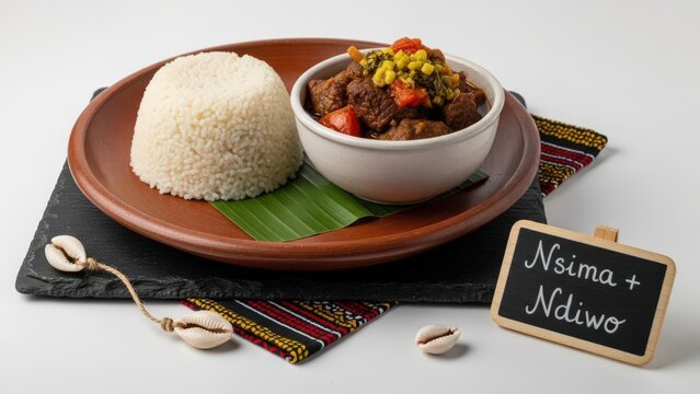Traditional African Nsima maize porridge with rich braised beef stew and mustard greens, served on rustic handcrafted pottery with cultural elements and negative space.