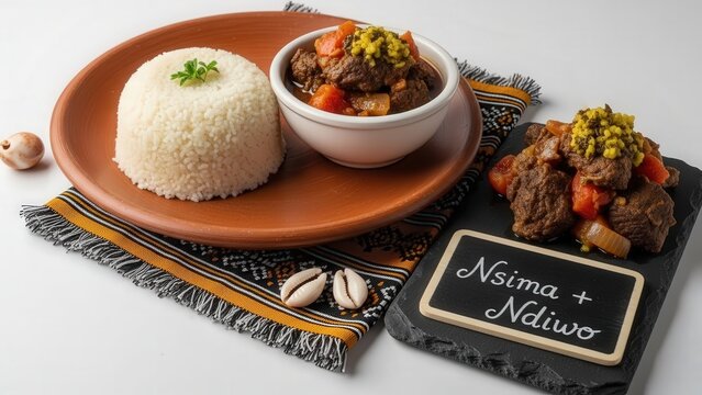 Traditional African Nsima maize porridge with rich braised beef stew and mustard greens, served on rustic handcrafted pottery with cultural elements and negative space.