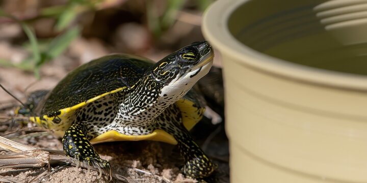 Close-up of a patterned turtle on dry ground