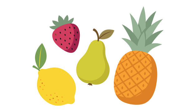 Fresh organic fruit vector collection featuring lemon strawberry pear and pineapple icons isolated on white background