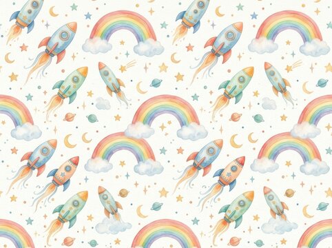 Rainbows and space rockets are arranged in a seamless watercolor pattern on a white background.