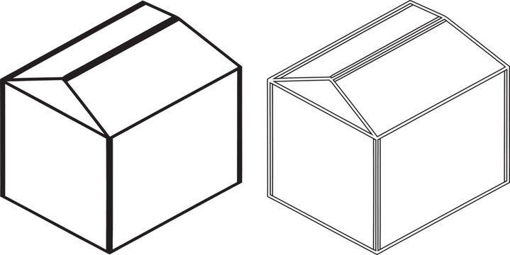Rectangular box with gabled roof with thick and thin outline styles on a white background, packaging container